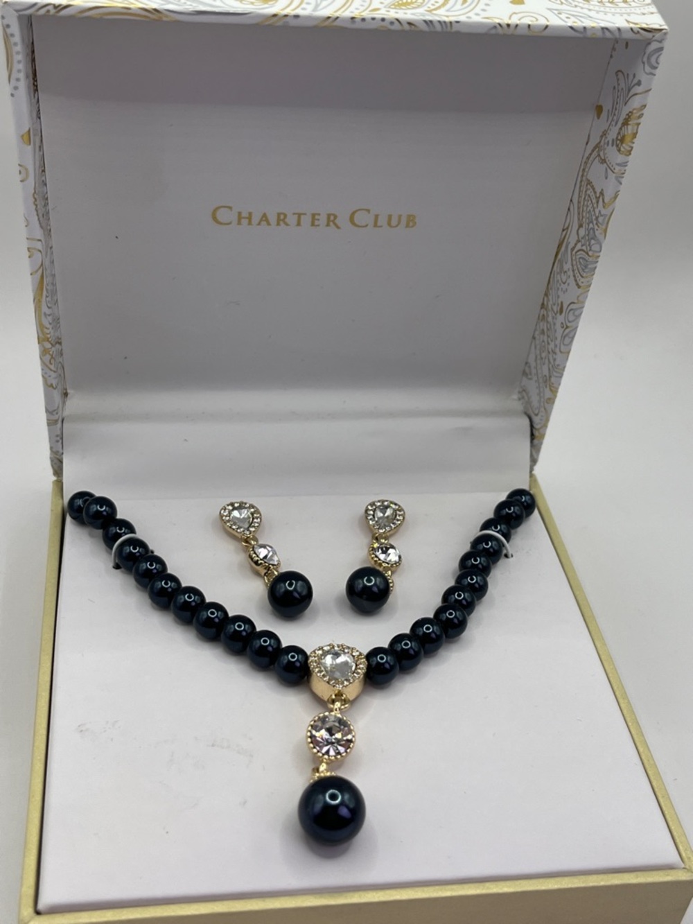 Charter Club Black Pearl and Gold Crystal Pendant Necklace Matching Earrings